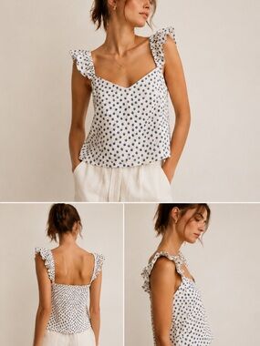H&M 100% Linen Off White Blue Polka Dot Ruffle Strap Smocked Tank Top Size L